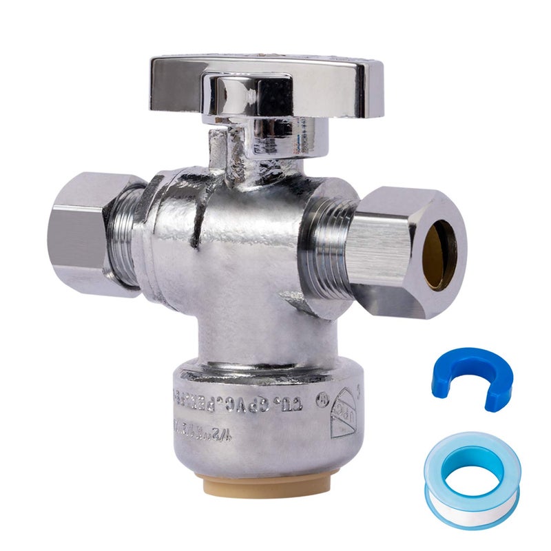 SUNGATOR Dual Compression Outlet Stop Valve, 1/2" Push-to-Connect x 3/8" Compression Push Fit Shut Off Water Valve with Disconnect Clip & Tape, Chrome Plated No Lead Brass for PEX, Copper, CPVC - Image 1